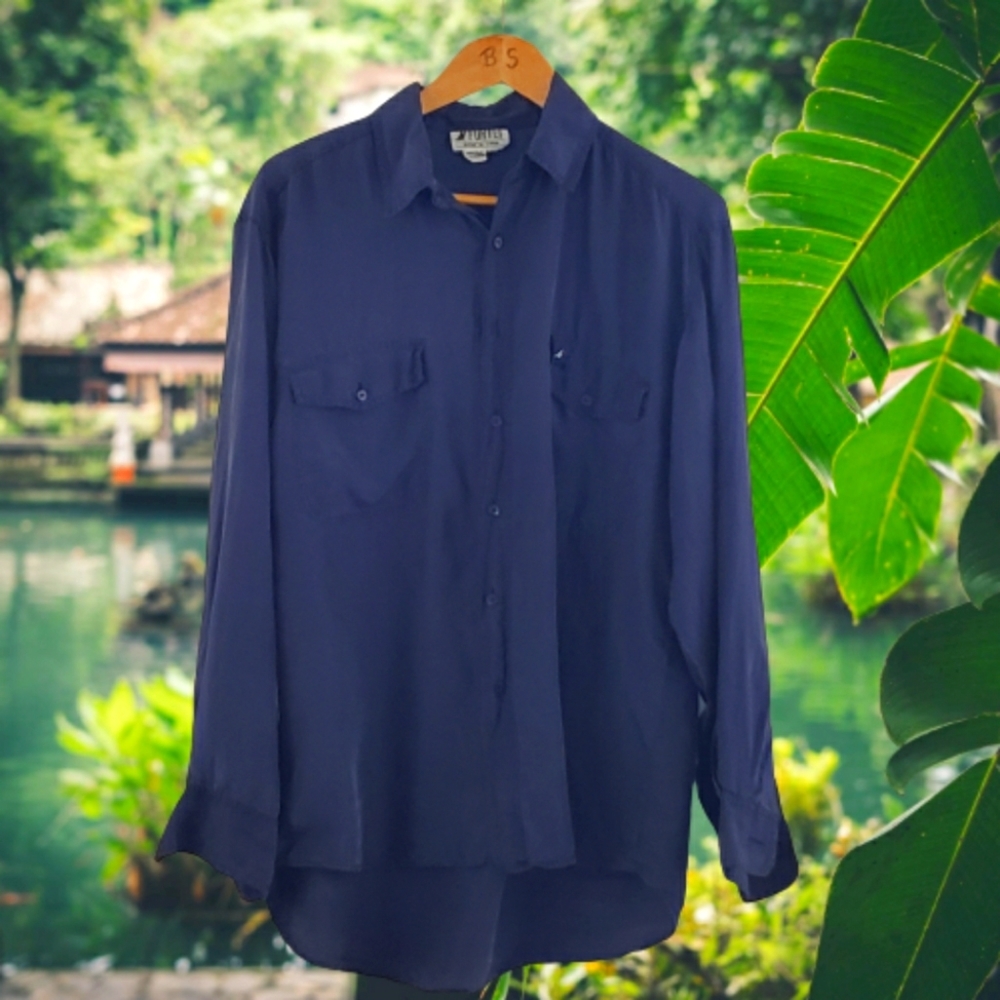 Silk Blue Foret Large Button Down Long sleeve shirt